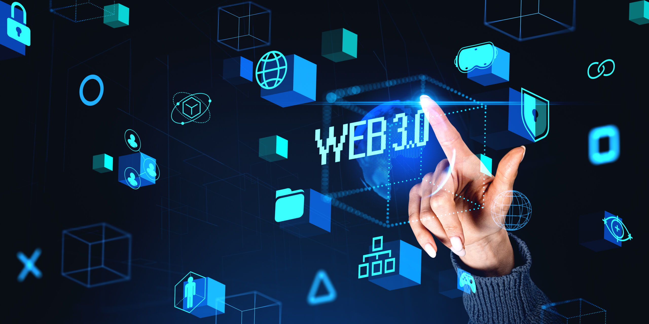 Woman finger touch web 3.0 internet hologram, blockchain and decentralization